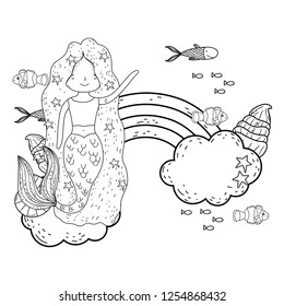 cute mermaid with clouds and rainbow