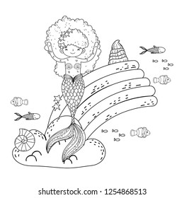 cute mermaid with clouds and rainbow