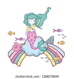cute mermaid with clouds and rainbow