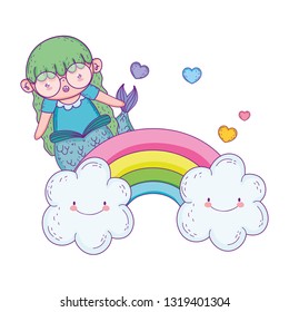 cute mermaid with clouds and rainbow