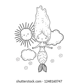 cute mermaid with clouds and sun