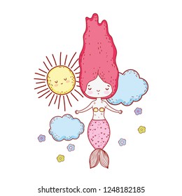 cute mermaid with clouds and sun