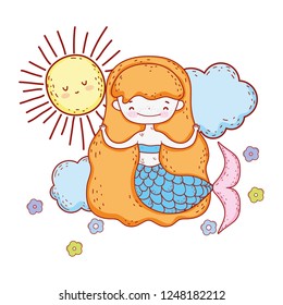 cute mermaid with clouds and sun