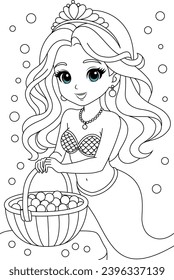 Cute mermaid collecting pearls in a basket coloring page