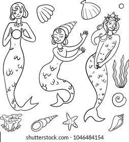 Cute mermaid collection with seashells and corals, vector hand drawn illustration in form of line art