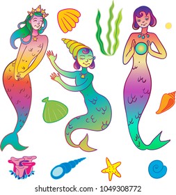 Cute mermaid collection with seashells and corals, vector hand drawn illustration colored with rainbow gradients