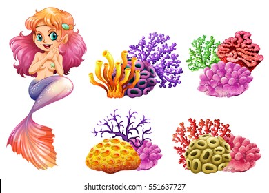 Cute mermaid and colorful coral reef illustration