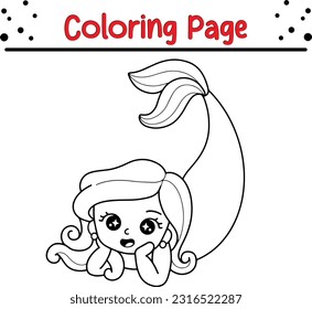 Cute mermaid coloring page. Black and white vector illustration for coloring book