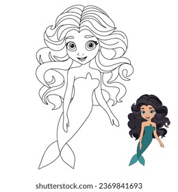 Cute mermaid coloring page. Girl mermaid outline for coloring book for children education. Vector illustration.