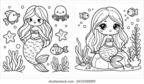 Cute Mermaid Coloring Set: Simple Design Vector Art for Kid's Activities