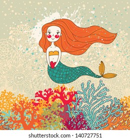 Cute mermaid in corals. Bright cartoon background in vector. Childish card