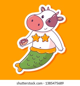 Cute mermaid cow with donut vector cartoon animal character isolated on a white background.