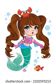 Cute mermaid with a crab and a fish. Vector illustration of a marine character in a cartoon childish style with an outline. Isolated funny clipart with baby girl. Cute print
