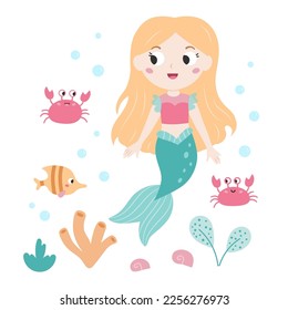 Cute mermaid with crabs and fish. Cartoon children's style. Fairy tale. Flat vector illustration. Vector illustration.