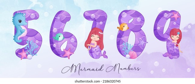 Cute Mermaid Decorative Zahlen Teil II in Aquarellfarben