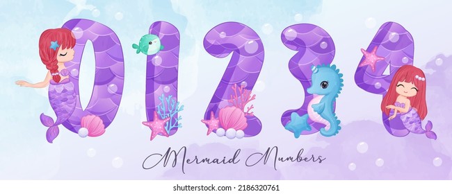 Cute Mermaid Decorative Numbers Part I in watercolor