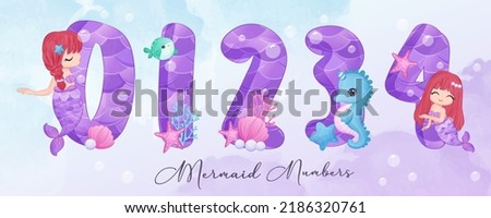 Cute Mermaid Decorative Numbers Part I in watercolor