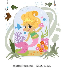 Cute mermaid in dirty water. Vector cartoon illustration in flat style isolated on a white background. For print, design, poster, sticker, card, decoration and t shirt design