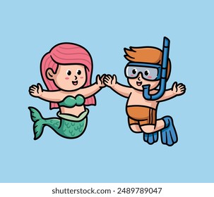 cute mermaid and a diver illustration