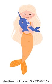 Cute mermaid with a dolphin in her hands. Flat vector illustration.