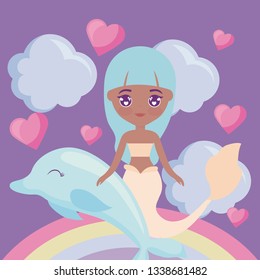 cute mermaid with dolphin and rainbow