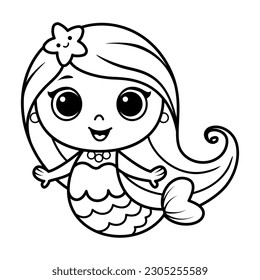 Cute mermaid doodle coloring page cartoon vector illustration