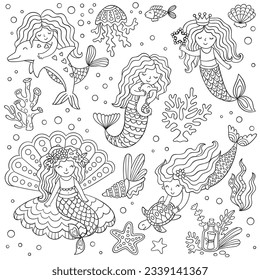 cute mermaid doodle icon set