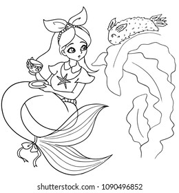 Cute mermaid drinks tea with sea friend. Hand drawn vector illustration. Can be used for coloring book, page, games, cover, cards. 