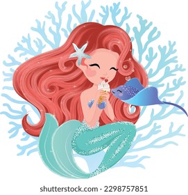 Cute mermaid is eating ice cream, with her cute friend stingray. Vector illustration for kids fashion artworks, children books, greeting cards, t-shirt prints, wallpapers.