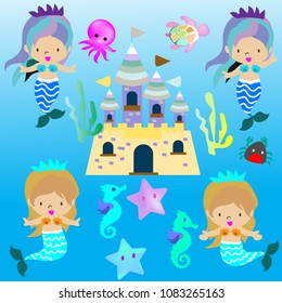 Cute Mermaid Fairy Tail On Underwater Fantasy Clipart Background.