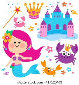 Cute mermaid fairy tale set with sea animals and castle. Vector illustration set.