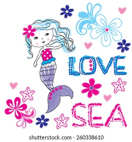 cute mermaid, fairytale princess vector illustration