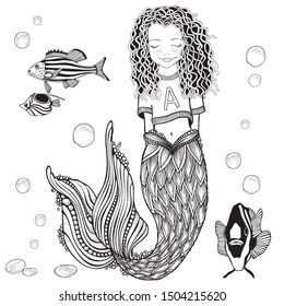 Cute mermaid and  fish. Little girl. Coloring book page for adult and children.  Black and white vector.