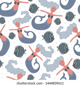 Cute mermaid and fish seamless pattern vector illustration. Awesome decoration for your baby and kids fashion textile print. Scandinavian colorful ornament on white background.