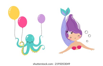 Cute Mermaid with Fish Tail and Octopus with Balloon Floating Underwater Vector Illustration Set