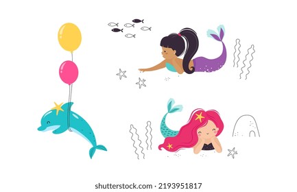 Cute Mermaid with Fish Tail and Wavy Hair with Dolphin Floating Underwater Vector Illustration Set