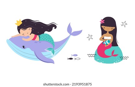 Cute Mermaid with Fish Tail and Wavy Hair on Whale Floating Underwater Vector Illustration Set