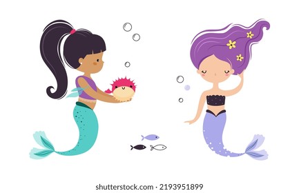 Cute Mermaid with Fish Tail and Wavy Hair Floating Underwater Vector Illustration Set