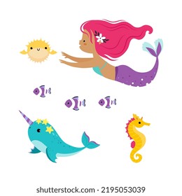 Cute Mermaid with Fish Tail and Wavy Hair Floating Underwater with Seahorse and Narwhale Vector Illustration Set