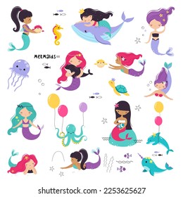 Cute Mermaid with Fish Tail and Wavy Hair Floating Underwater with Marine Creature Big Vector Set