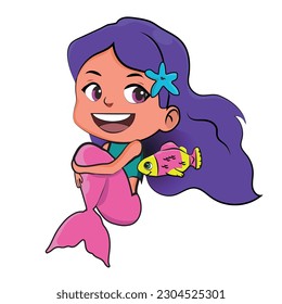 Cute mermaid with fish and vector illustration for children fashion artwork, children's books, greeting cards.