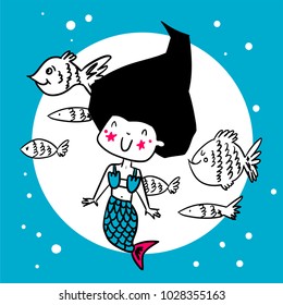 Cute mermaid and fishes