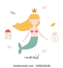 Cute mermaid with fishes and octopuses. Vector hand drawn illustration.
