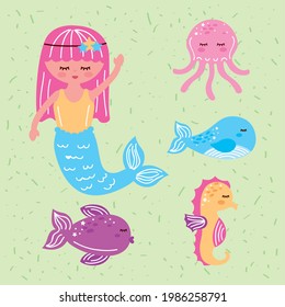 cute mermaid and five set icons