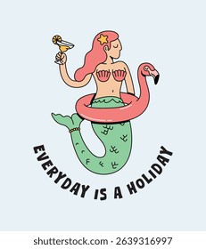 cute mermaid flamingo float retro cartoon illustration