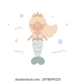 Cute mermaid. Flat cartoon vector illustration isolated on white background. For card, posters, stickers, banners, printing on the pack, printing on clothes, fabric, wallpaper.