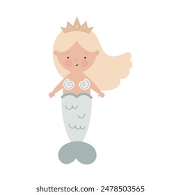 Cute mermaid. Flat cartoon vector illustration isolated on white background. For card, posters, stickers, banners, printing on the pack, printing on clothes, fabric, wallpaper.