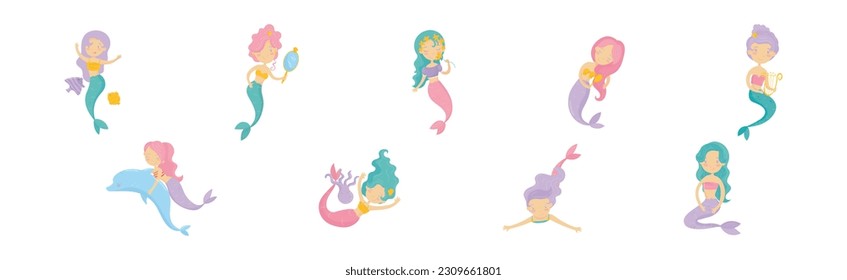 Cute Mermaid Floating Underwater with Wavy Hair Vector Set