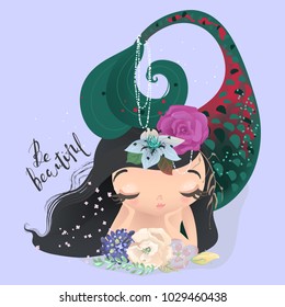 Cute mermaid in floral, flowers wreath, bouquet, pearl beads and lettering