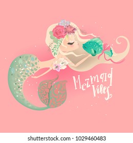 Cute mermaid in floral, flowers wreath, bouquet, pearl beads kissing a fish and lettering